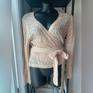 Chic LC Lauren Conrad Soft Nude Pink Crocheted Wrap Sweater Cozy Ballet Eyelet